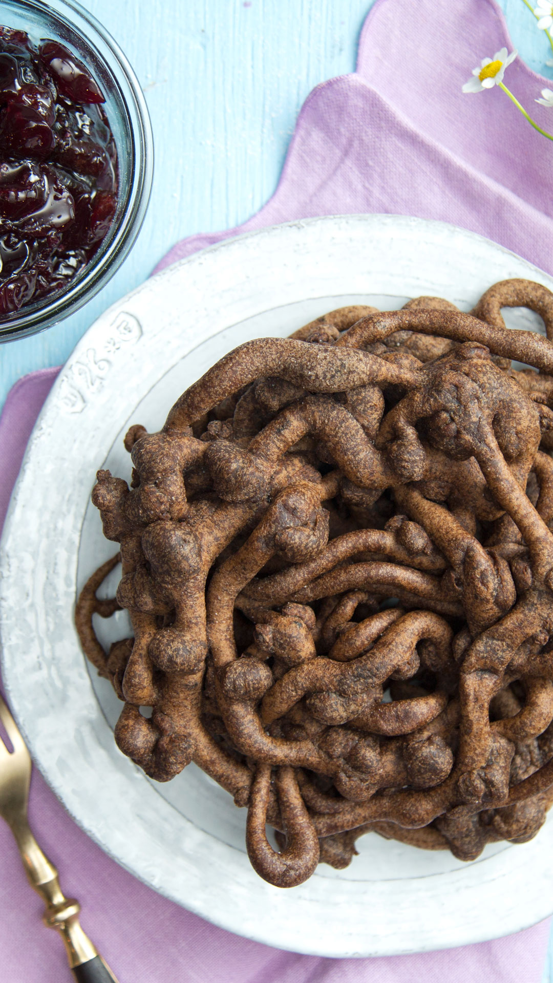 Chocolate Funnel Cake With Cherry Compote