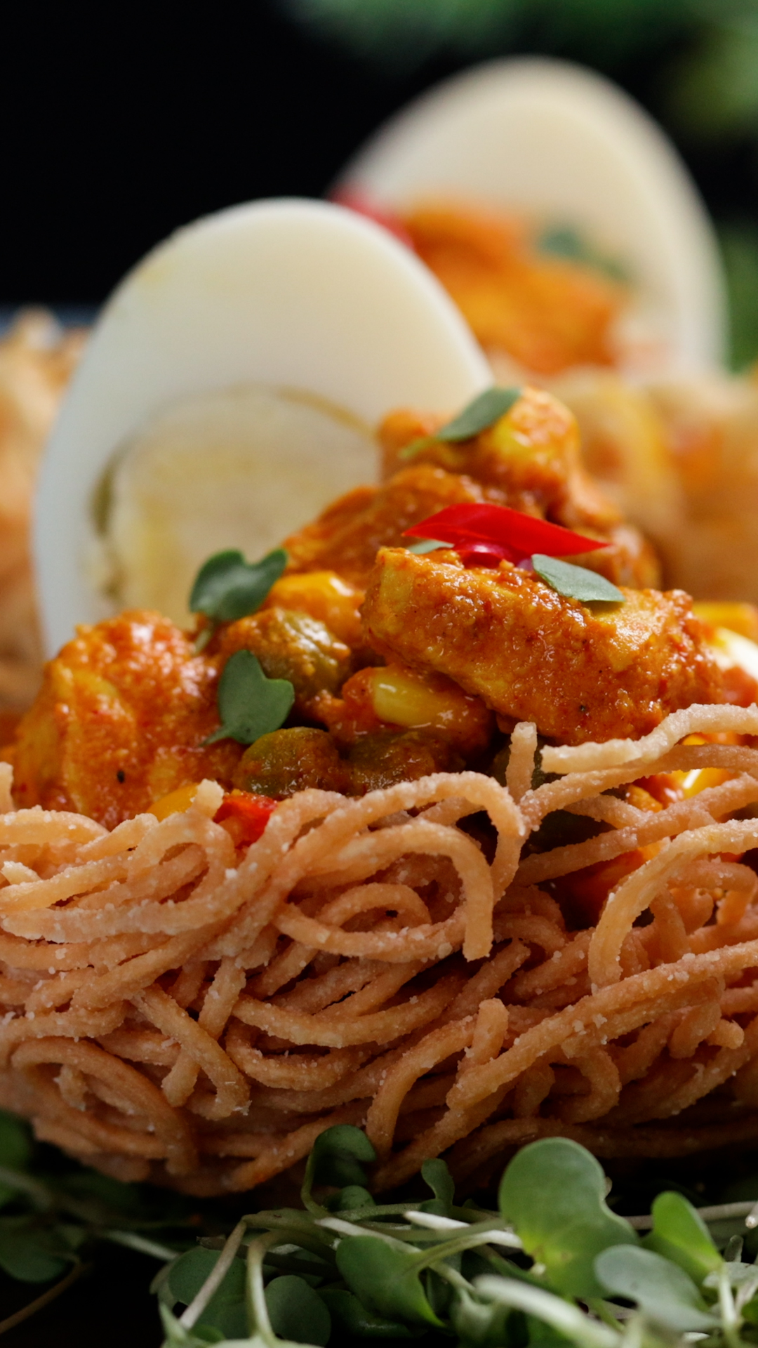 Fried Noodle Nests with Indian Chicken Gravy